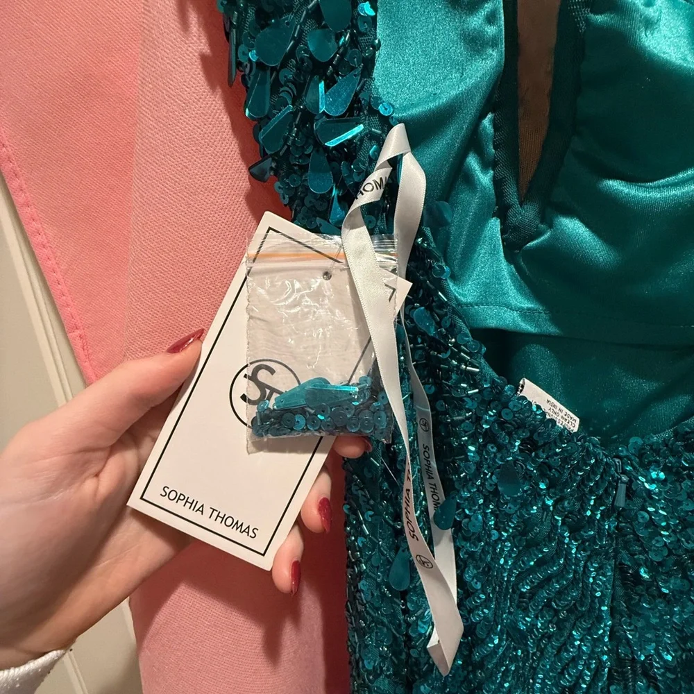 Green Sequin Halter Prom Gown - Picture 5 of 8